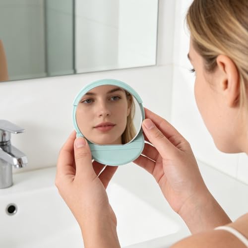 4pcs 2.76 Inch Mini Folding Mirror - Round PU Leather Vanity Desktop Standing Mirror with Frame for Home Countertop Travel Makeup Use Pink, Green