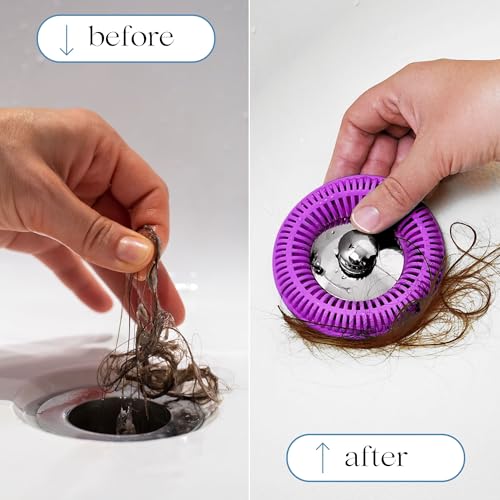 The Ultimate Tub Drain Protector Hair Catcher/Strainer/Snare, Regular - Purple | Easy snap-in design fits around bathtub stoppers. Customizable utility guard for clog prevention. Fits 1.85"- 2.16" drains. . - color: Purple