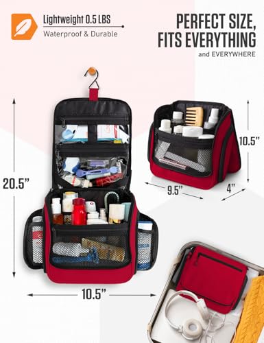 VENTURE 4TH Hanging Travel Toiletry Bag, 18 Compartments - Red | Hangs on rails, hooks or doors; stands upright. Removable TSA pouch. Water-resistant Nylon 290D Twill, reinforced stitching. - color: Red