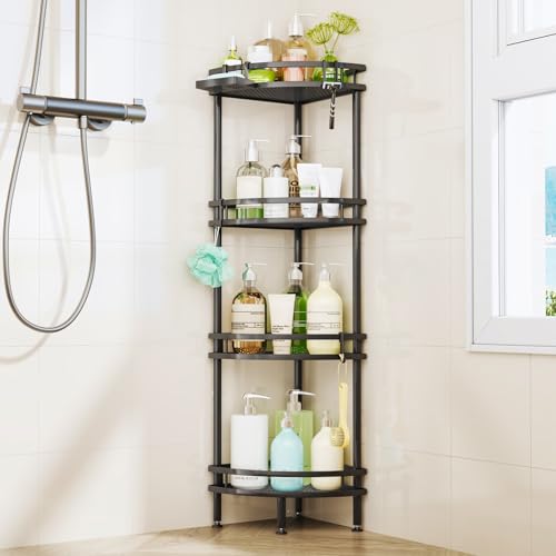 HapiRm Standing Corner Shower Caddy - 4 Tier Shower Organizer Corner with Soap Holder and 4 Hooks, Rustproof Bathroom Storage Shelves with Adhesives, Black - color: Black, size: 4-tier