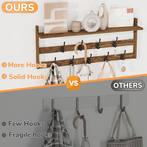 AMBIRD Coat Rack Wall Mount with Shelf, 29" Coat Hooks Wall Mounted with 9 Metal Hooks for Entryway, Bathroom, Bedroom, Living Room, Kitchen, 2 Tier Wall Hooks for Clothes, Hat, Towel, Key, Purse - style: 9 Hooks