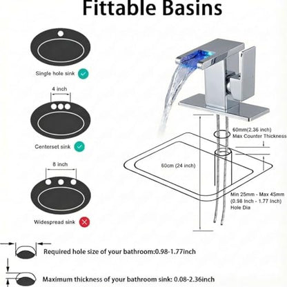 AVSIILE LED Bathroom Sink Faucet, Chrome Waterfall Single Hole Handle Vanity Faucets for Sinks 1 Hole with Metal Pop Up Drain and 2 Water Supply Lines, Side Handle - color: Chrome