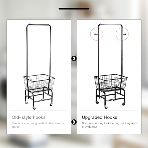 Rolling Laundry Cart with Hanging Rack Metal Laundry Basket with Wheels Laundry Hamper with Storage Basket and Shelf for Laundry Room Organization Black