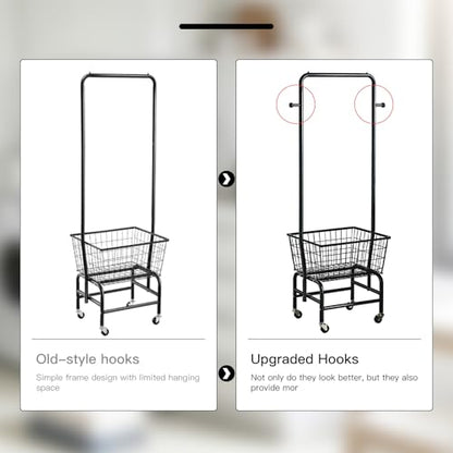 Rolling Laundry Cart with Hanging Rack Metal Laundry Basket with Wheels Laundry Hamper with Storage Basket and Shelf for Laundry Room Organization Black