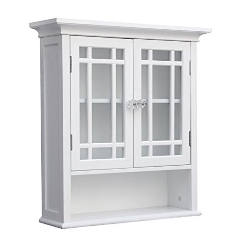 Teamson Home Neal Wooden Over The Toilet Bathroom Removable Wall Medicine Cabinet with 1 Fixed and 1 Adjustable Shelf 3 Storage Spaces 2 Glass Mosaic Doors and Crystal-Cut Acrylic Knobs, White | Detachable Over the Toilet Storage, Two Doors, Adjustable Sh