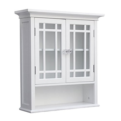 Teamson Home Neal Wooden Over The Toilet Bathroom Removable Wall Medicine Cabinet with 1 Fixed and 1 Adjustable Shelf 3 Storage Spaces 2 Glass Mosaic Doors and Crystal-Cut Acrylic Knobs, White | Detachable Over the Toilet Storage, Two Doors, Adjustable Sh