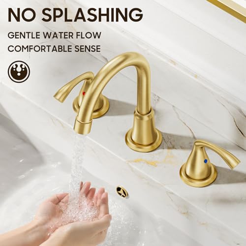 Phiestina 8 Inch 3 Hole 2 Handle Widespread Brushed Gold Bathroom Sink Faucet 2 Pack, Modern Bathroom Faucet with Metal Pop up Drain and Water Supply Lines,WFJC180-BG-2PACK - color: Brushed Gold-8 IN, style: 2 pack