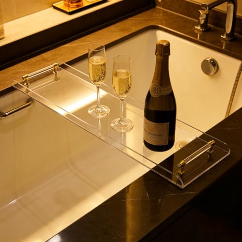 Clear Acrylic Bathtub Caddy Tray with Gold Handles for Luxury Bathroom Bathtub, 31 x 9 Inch