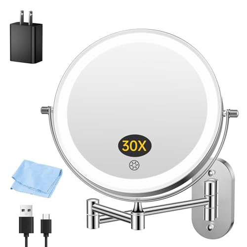 FUNTOUCH 5000mAh Rechargeable Wall Mounted Makeup Mirror with Light Charger | Double Sided 1X/30X Magnification,3 Color Lights,Touch Dimmable,Extended Arm 360 Rotation Lighted Bathroom Mirror - color: Polished Chrome