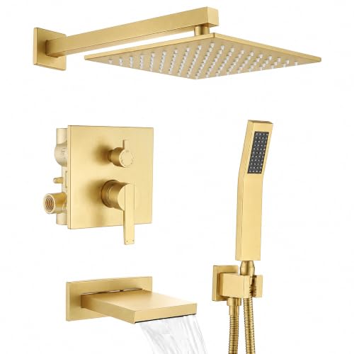 Gold Shower System with Tub Spout, All Metal Bathtub Shower Faucet Set with High Pressure 10 Inch Rain Shower Head and Handheld Shower Head Set, Brushed Gold (Valve Include) - color: Brushed Gold