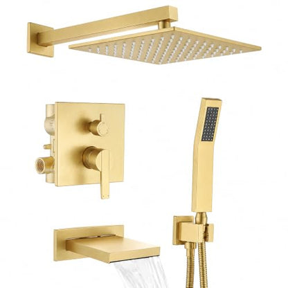 Gold Shower System with Tub Spout, All Metal Bathtub Shower Faucet Set with High Pressure 10 Inch Rain Shower Head and Handheld Shower Head Set, Brushed Gold (Valve Include) - color: Brushed Gold