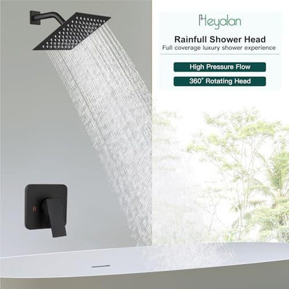 Heyalan 8 Inch Square Rain Shower Faucet Set with Valve, Matte Black | Female-thread 1/2-inch NPT connections, SUS304 shower head, brass rough-in valve, single-handle control Shower Set - color: Black, size: 8 Inch Square Shower Head
