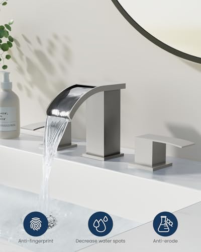 gotonovo Waterfall Bathroom Faucet 3 Hole Square Body,Brushed Nickel | SUS304 8’’ Widespread Bathroom Sink Faucet,2.17’’ Wide Spout,24’’ cUPC Hose,Pop Up Drain,2 Handle,Vanity,Lavatory,Basin,RV - color: Nickel