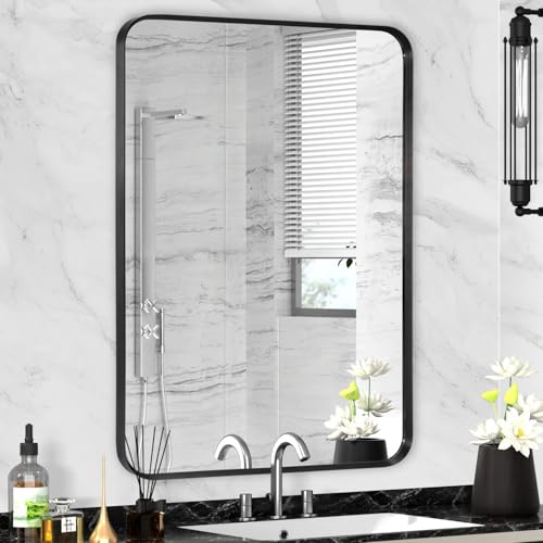 Black Bathroom Mirror 22x30in, Metal Framed Rounded Rectangle Wall | Tempered Glass, Anti-Rust Frame, Hangs Horizontal or Vertical, HD Reflection Clarity - color: Black, size: 30"L x 22"W, style: Rectangle