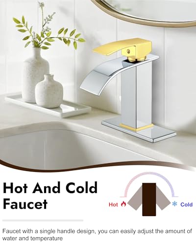 Midanya Waterfall Bathroom Faucet 1 Hole,Polish Gold Handle/Polish Chrome | with 24” Hoses,Pop Up Drain,6” Deck Plate,for 1 or 3 Hole Vanity,Lavatory,RV,Single Handle Bathroom Sink Faucet,NSF Certified - color: Bright Gold Handle/Chrome