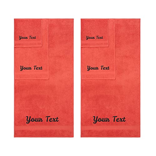 Personalized Towels, Hotel & Spa Quality, Super Soft, Highly Absorbent, Bathroom Sets, 100% Cotton Monogrammed towels 6 Piece Towel Set, Includes 2 Bath Towels, 2 Hand Towels, 2 Washcloths, Coral - color: Coral, size: 6 Pieces Towel Set