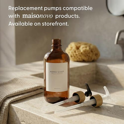 Maisonovo Dish Soap Dispenser Set - Amber Soap Dispenser Black Bamboo Pumps | Glass bottles for body wash, lotion, shampoo or conditioner · Sink, bathroom or countertop · Tray, 16.9 oz each - color: Amber Bottles Black Bamboo Pumps