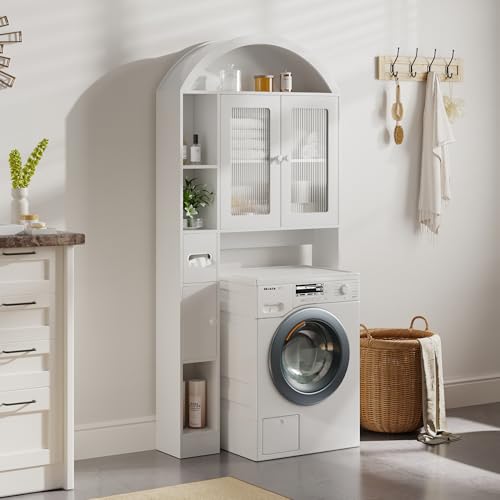 Over The Toilet Storage,Arched Wooden Over The Toilet Storage Organizer with Double Doors,Multiple Compartments and Open Shelves,Anti-tip Device,Space Saving (Toilet cabinet-white-01)