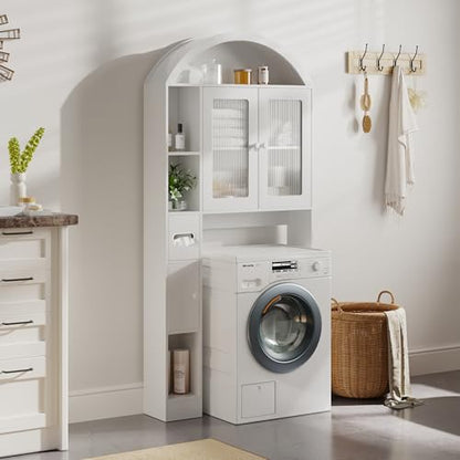 Over The Toilet Storage,Arched Wooden Over The Toilet Storage Organizer with Double Doors,Multiple Compartments and Open Shelves,Anti-tip Device,Space Saving (Toilet cabinet-white-01)