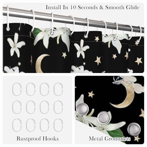 Celestial Floral Shower Curtain 71x74 Inch, Black Boho Moon and Stars Printed Bathroom Shower Curtain with Rust-Proof Hooks, Dark Gothic Style Waterproof Fabric Bath Tub Curtain - color: Floral-q