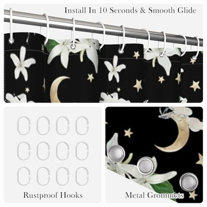 Celestial Floral Shower Curtain 71x74 Inch, Black Boho Moon and Stars Printed Bathroom Shower Curtain with Rust-Proof Hooks, Dark Gothic Style Waterproof Fabric Bath Tub Curtain - color: Floral-q