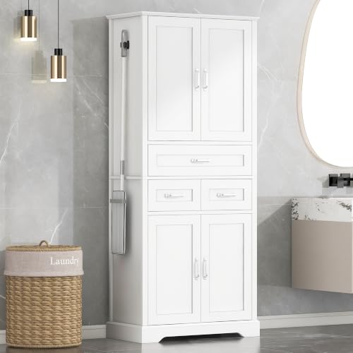 JIVOIT 70" Tall Bathroom Storage Cabinet with 4 Doors and 3 Drawers | Freestanding Linen Tower, Adjustable Shelves, MDF Board White Bathroom Organizer, Aluminum Alloy Hook, Space-Saving - color: White//56