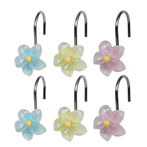 Twofish Home Colorful Flower Shower Curtain Hooks Anti Rust Shower Curtain Hooks Decorative Resin Colorful Flower Shower Curtain Rings Set of 12 - color: Colorful Flower