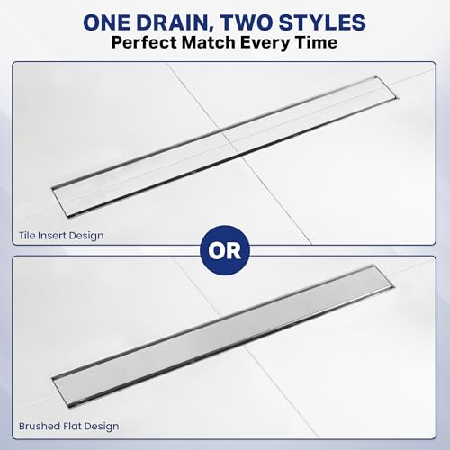 Linear Shower Drain 24 inch with 2-in-1 Flat & Tile Insert Cover - Brushed 304 Stainless Steel Shower Floor Drain - Linear Drain with Reversible Cover & Hair Catcher - Includes Cleaning Tools - color: Brushed Stainless Steel