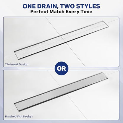 Linear Shower Drain 24 inch with 2-in-1 Flat & Tile Insert Cover - Brushed 304 Stainless Steel Shower Floor Drain - Linear Drain with Reversible Cover & Hair Catcher - Includes Cleaning Tools - color: Brushed Stainless Steel