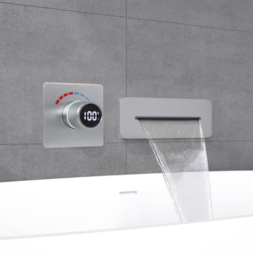 Temperature Display Shower Valve with Wall Mounted Waterfall Tub Faucet Kit Waterfall Tub Spout One Way Shower Deliver Valve - color: Brushed Nickel, style: Adjustable bathtub faucet