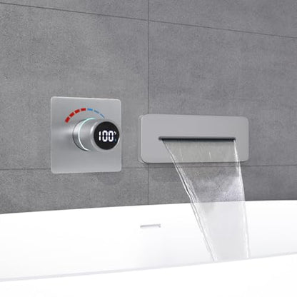 Temperature Display Shower Valve with Wall Mounted Waterfall Tub Faucet Kit Waterfall Tub Spout One Way Shower Deliver Valve - color: Brushed Nickel, style: Adjustable bathtub faucet