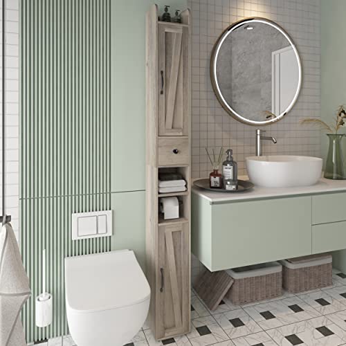 Bathroom Cabinet with Adjustable Shelf, Storage Cabinet for Small Space, Tall Bathroom Storage Cabinet with Retractable Toilet Paper Rod, Narrow Cabinet with 2 Doors, 8 Compartment, Brown Gray - color: Greige