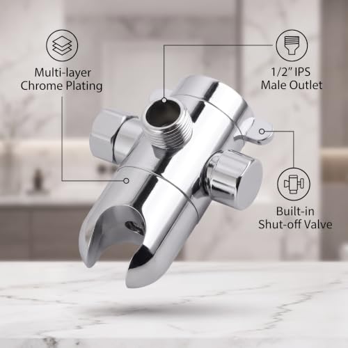 3 Way Shower Diverter Valve, 1/2 In IPS Metal Shower Head Splitter | Shower Holder, Dual External Male Threaded Ports, Switchable Water Outlets, for Standard Household Shower System