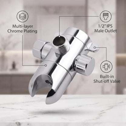 3 Way Shower Diverter Valve, 1/2 In IPS Metal Shower Head Splitter | Shower Holder, Dual External Male Threaded Ports, Switchable Water Outlets, for Standard Household Shower System