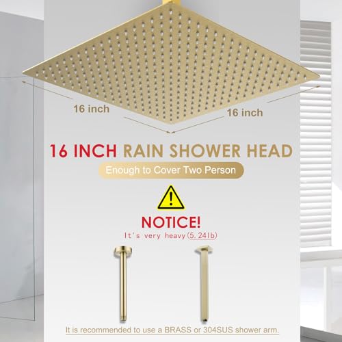 16 inch Brushed Gold Large Rain Shower Head Ceiling Mount - All Metal 304 Stainless Steel, Full Body Rainfall Shower with 324 Silicon Nozzles - Waterfall Bathroom Square Showerhead - color: Brushed Gold, size: 16 Inch Square