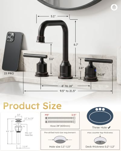WOWOW Bronze Bathroom Faucet 3 Hole, Widespread Vanity Sink Faucets 8 Inch | Copper Inlet Oil Rubbed Bronze Faucet for Bathroom Sink with Swivel Spout, 2 Handles Lavatory Tap with Drain and Supply Line - color: Oil Rubbed Bronze, style: Upgrade-8 Inch