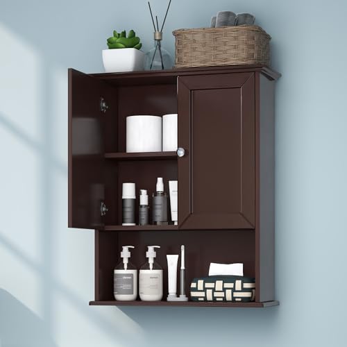 VANIRROR Bathroom Wall Mounted Cabinet Over Toilet Storage 24x30 inch | Above Toilet Wooden Medicine Cabinet with Adjustable Shelf & 2 Door for Entryway, Kitchen, Laundry Room - color: Expresso With Silver Handle, size: 24x30
