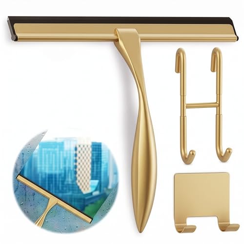 Gold Squeegee for Shower Glass, 12" Silicone Blade, Stainless Steel | Shower Door Squeegee with Hook, Adhesive Mount; All-Purpose Bathroom Tile, Mirror, & Window Wiper for Streak-Free Cleaning - color: Gold, size: 12 Inch