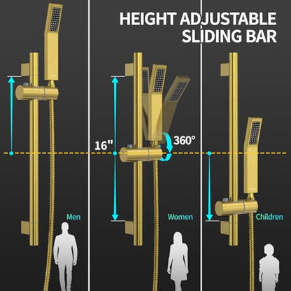 SR SUN RISE 12 Inch Square Shower System with Slide Bar,Brushed Gold | Rain Head and Handle System,16" Adjustable Shower Slide Bar,Soild Brass,Wall Mount,Included Valve and Trim Kit - color: Brushed Gold, size: 12 Inch