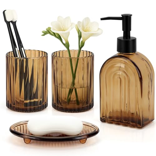 Topsky 4 Pcs Glass Bathroom Accessories Set,13oz Liquid Arch Design Hand Soap Dispenser with Stripe Toothbrush Holder,Mouthwash Cup,Soap Dish for Bathroom Countertop,Heavy Weight,Amber