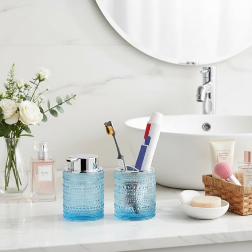 Blue Bathroom Accessory Sets, Glass Toothbrush Holder and Soap Dispenser for Bathrooms, Foaming Hand Soap Dispenser, Toothbrush and Toothpaste Cup Holder, Soap and Toothbrush Holder Set - color: Blue