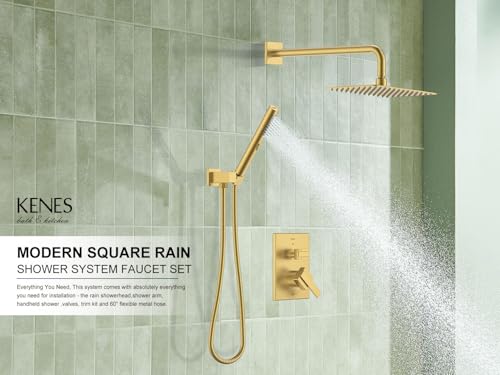 KENES Brushed Gold Square Rainfall Shower System Faucet Set with Handheld | Shower Faucet with 10-Inch Rain Shower Head, Square Shower System, Valve Included, Lead-Free cUPC & NSF Certified, Stainless - color: Brushed Gold, style: Showerhead and Handheld