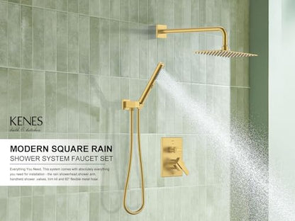 KENES Brushed Gold Square Rainfall Shower System Faucet Set with Handheld | Shower Faucet with 10-Inch Rain Shower Head, Square Shower System, Valve Included, Lead-Free cUPC & NSF Certified, Stainless - color: Brushed Gold, style: Showerhead and Handheld