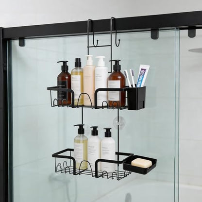 Widousy Over The Door Shower Caddy, No Drilling Shower Shelves Over Door with Soap Holders, Black Rustproof Shower Organizer over the Door, 10 Hooks, Bathroom Rack and Storage