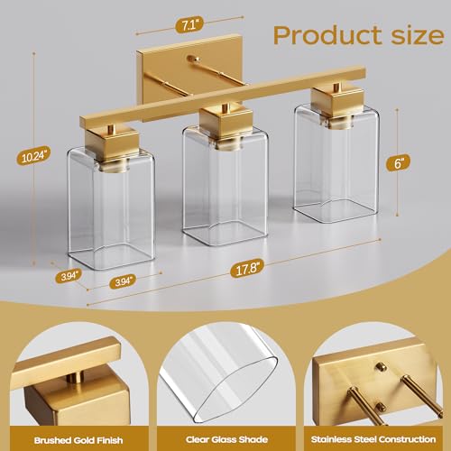3-Light Bathroom Light Fixtures, Brushed Gold Modern Vanity Lights, Bathroom Lighting Fixtures Over Mirror, Square Design Farmhouse Wall Sconces with Clear Glass Shades - color: Brushed Gold, size: 3-Light