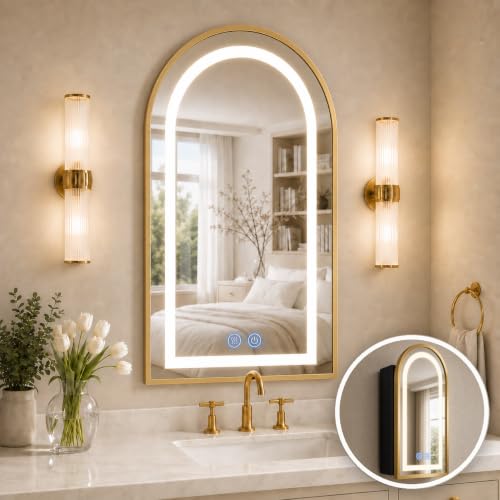 Arched Medicine Cabinet with LED Lights, Lighted Bathroom Medicine Cabinet Mirror with Anti-Fog, No Assembly Required, Recessed or Surface Mount (Gold, 29.5" H x 15.8" W) - color: Gold, size: 29.5"H x 15.8"W