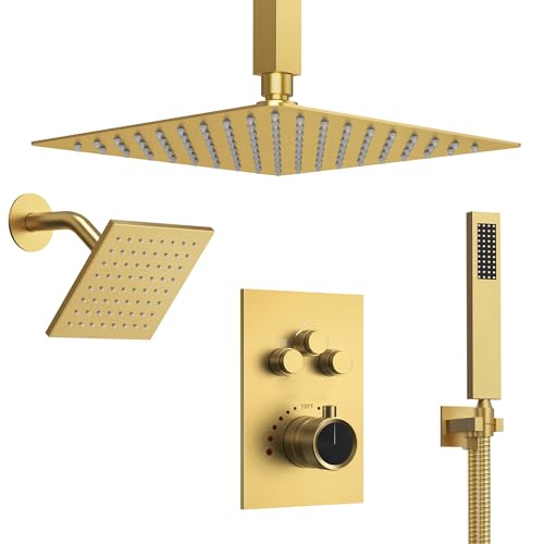 Ceiling Mount 12" High-Pressure Rainfall Shower Faucet, Dual Rainfall Shower Head System with Valve (Brushed Gold) - color: Gold, style: Ceiling Mount