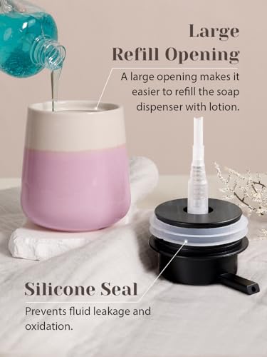 INGOFIN Ceramic Hand Soap Dispenser - 12 oz Liquid Lotion Dispenser Bathroom, Refillable Modern Dish Soap Dispenser with Pump for Kitchen, Beige and Pink - color: Beige and Pink