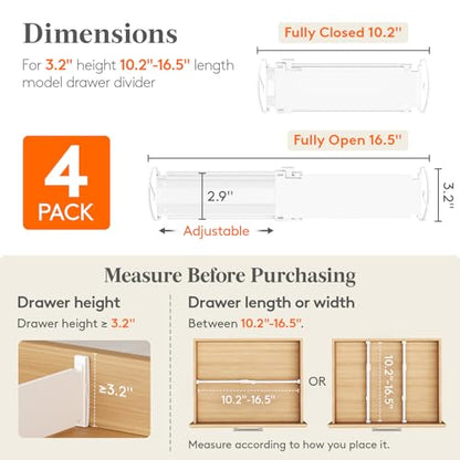 Lifewit 4 Pack 3.2" High Drawer Dividers, Expandable Dresser Organizers | 10.5"-16.5" Expandable White Plastic Drawer Separator for Dresser, Kitchen, Closet, Nursery, Office Organization & Storage