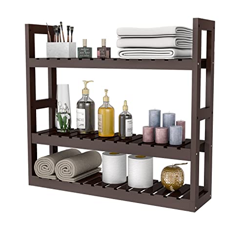 Domax Bamboo Bathroom Shelf 3-Tier Wall Mount Storage Rack Multifunctional Adjustable Layer Free Standing Over Toilet Utility Shelves Living Room Kitchen (Brown) - color: Brown